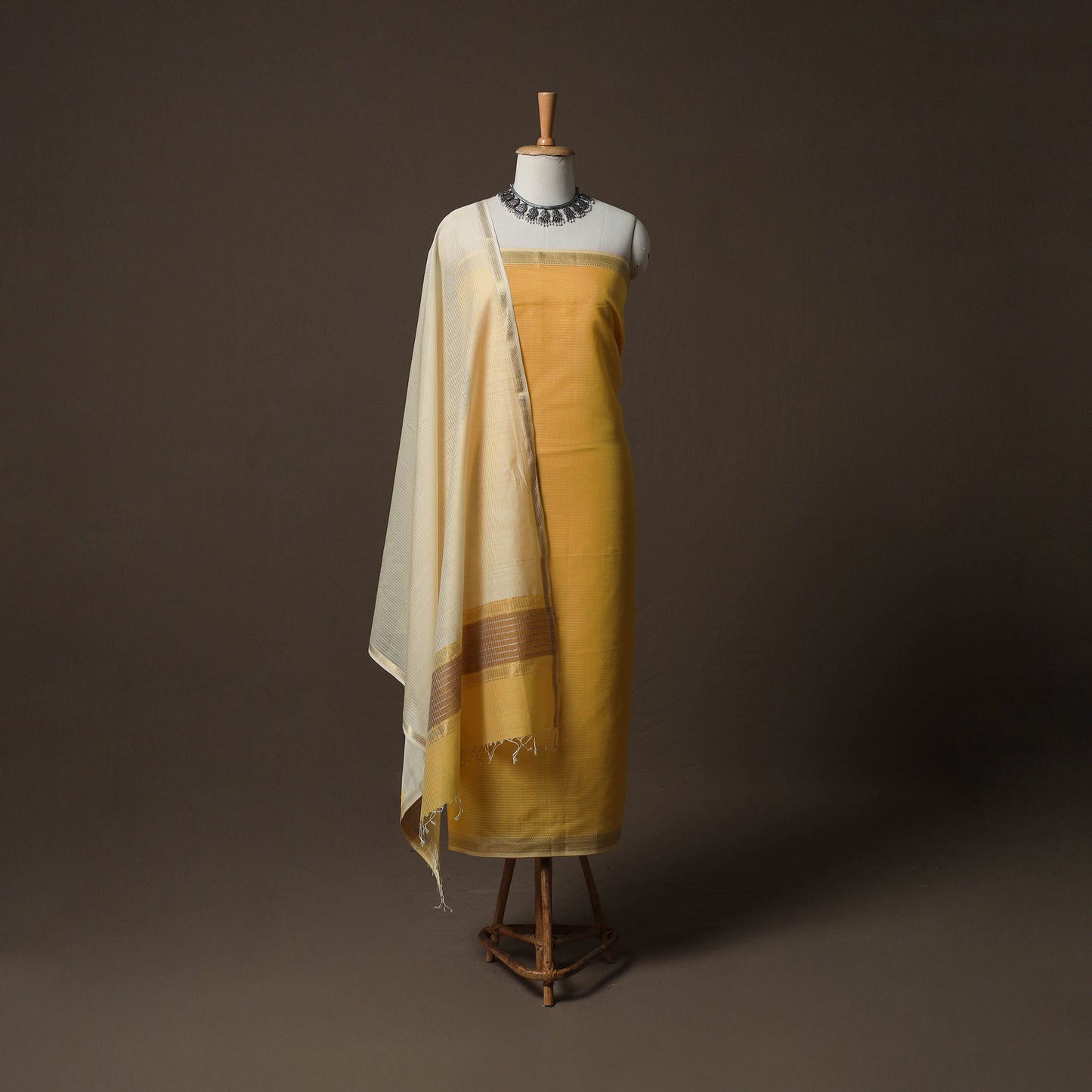 Yellow - 2pc Handloom Maheshwari Silk Unstitched Dress Material Kurta Set 10
