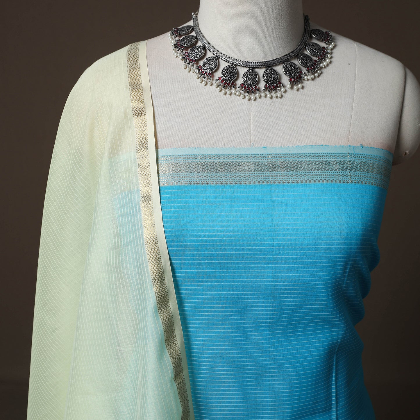 Blue - 2pc Handloom Maheshwari Silk Unstitched Dress Material Kurta Set 14