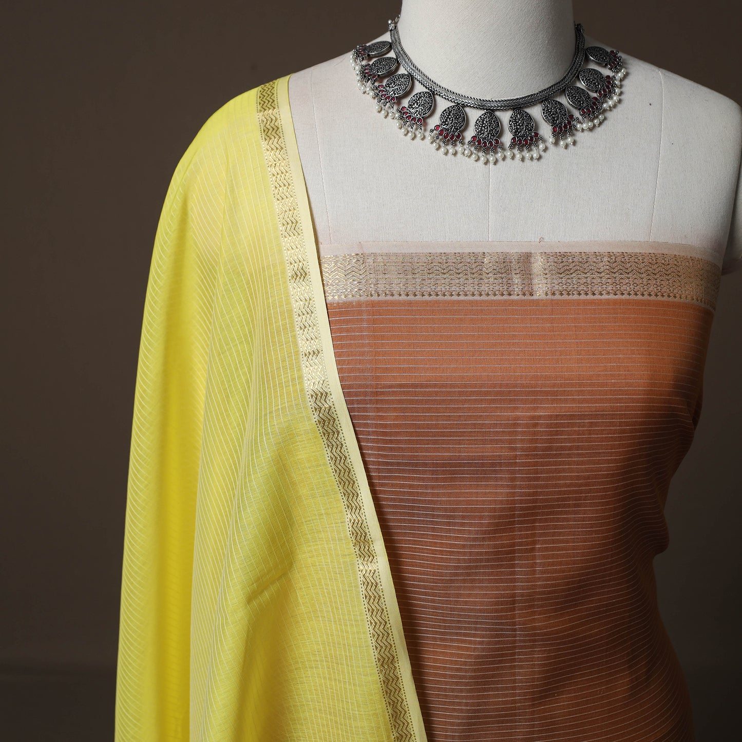 Brown - 2pc Handloom Maheshwari Silk Unstitched Dress Material Kurta Set 15