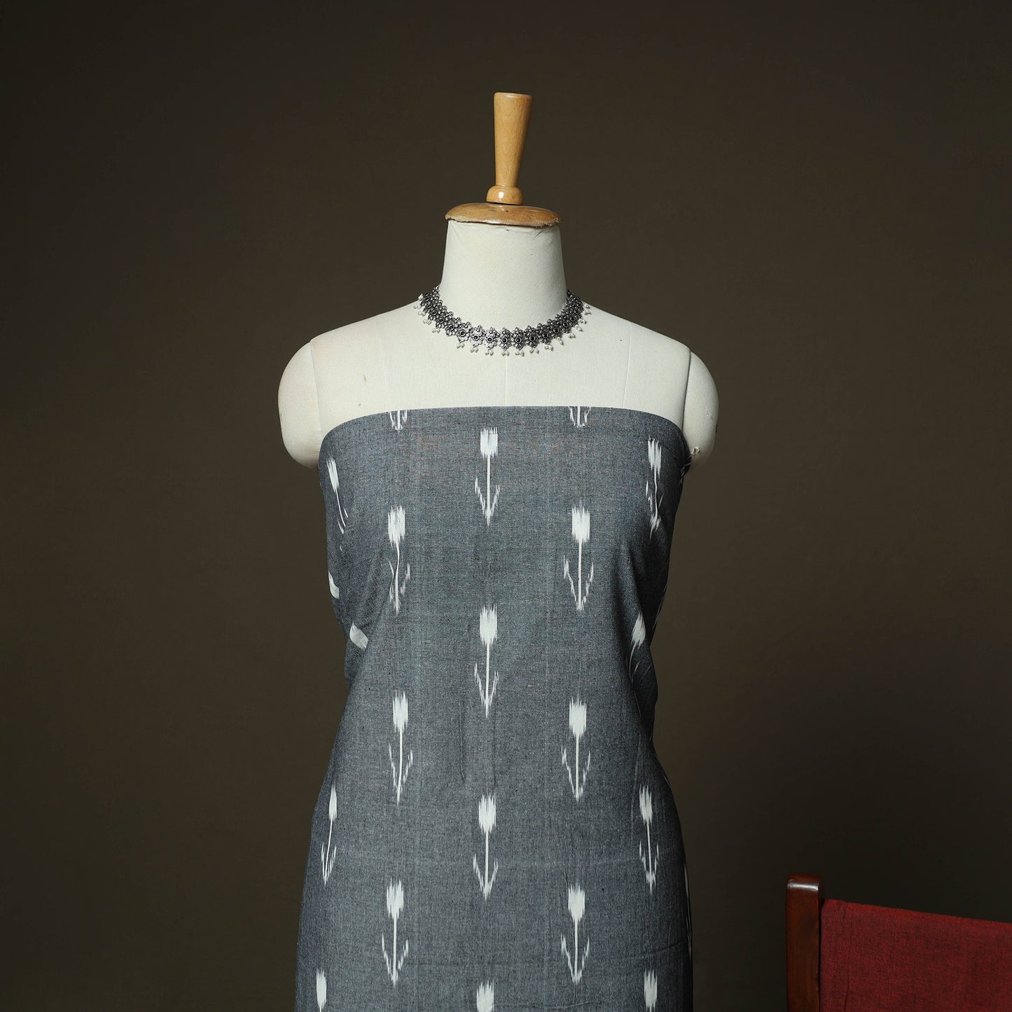 Grey - Pochampally Ikat Weave 3pc Cotton Unstitched Dress Material Suit Set 29