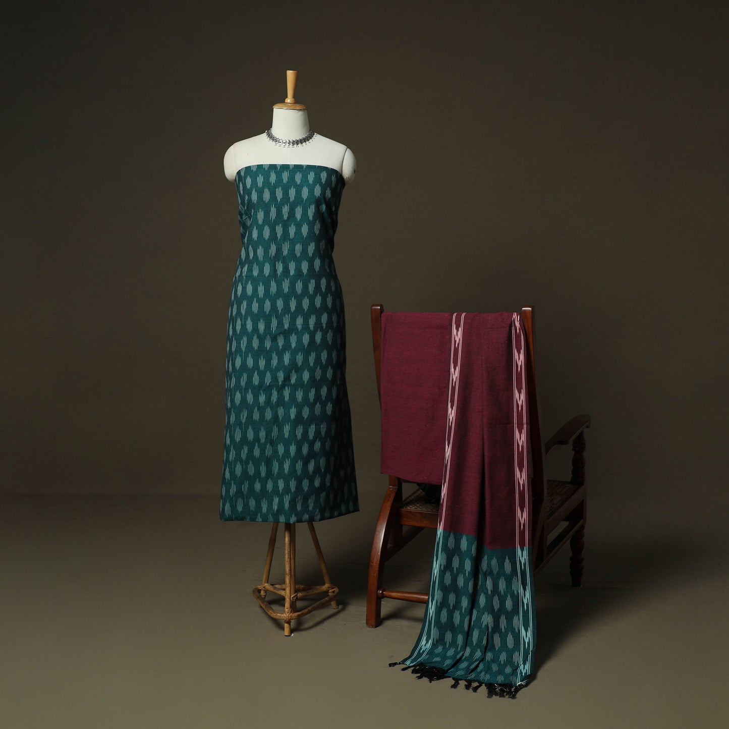 Green - Pochampally Ikat Weave 3pc Cotton Unstitched Dress Material Suit Set 31