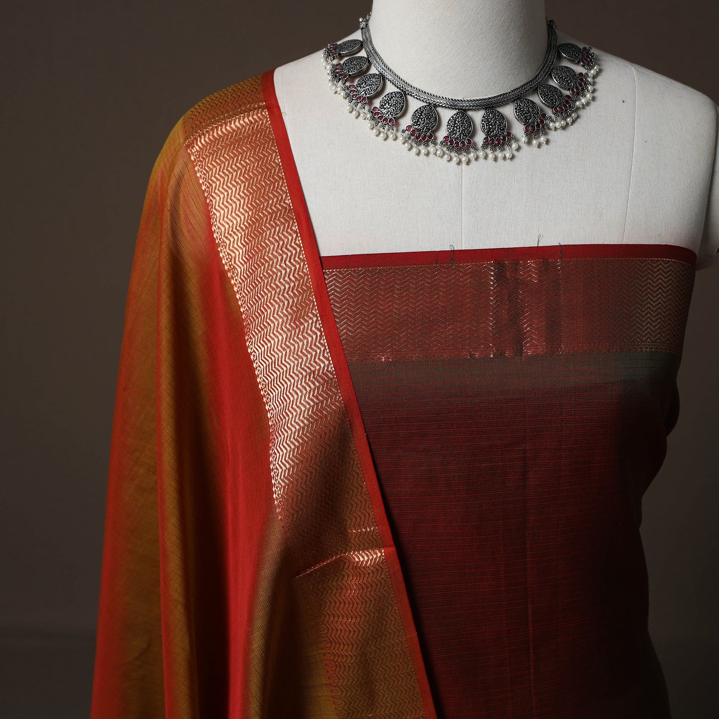 Brown - 2pc Handloom Maheshwari Silk Unstitched Dress Material Kurta Set with Zari Border 18