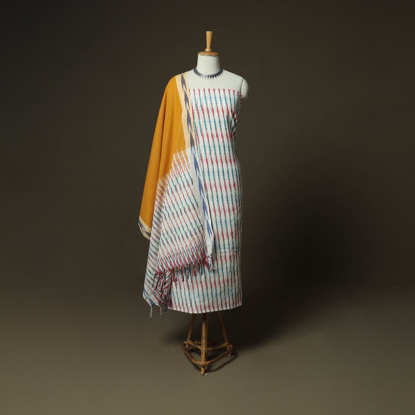 Multicolor - Pochampally Ikat Weave 3pc Cotton Unstitched Dress Material Suit Set 33