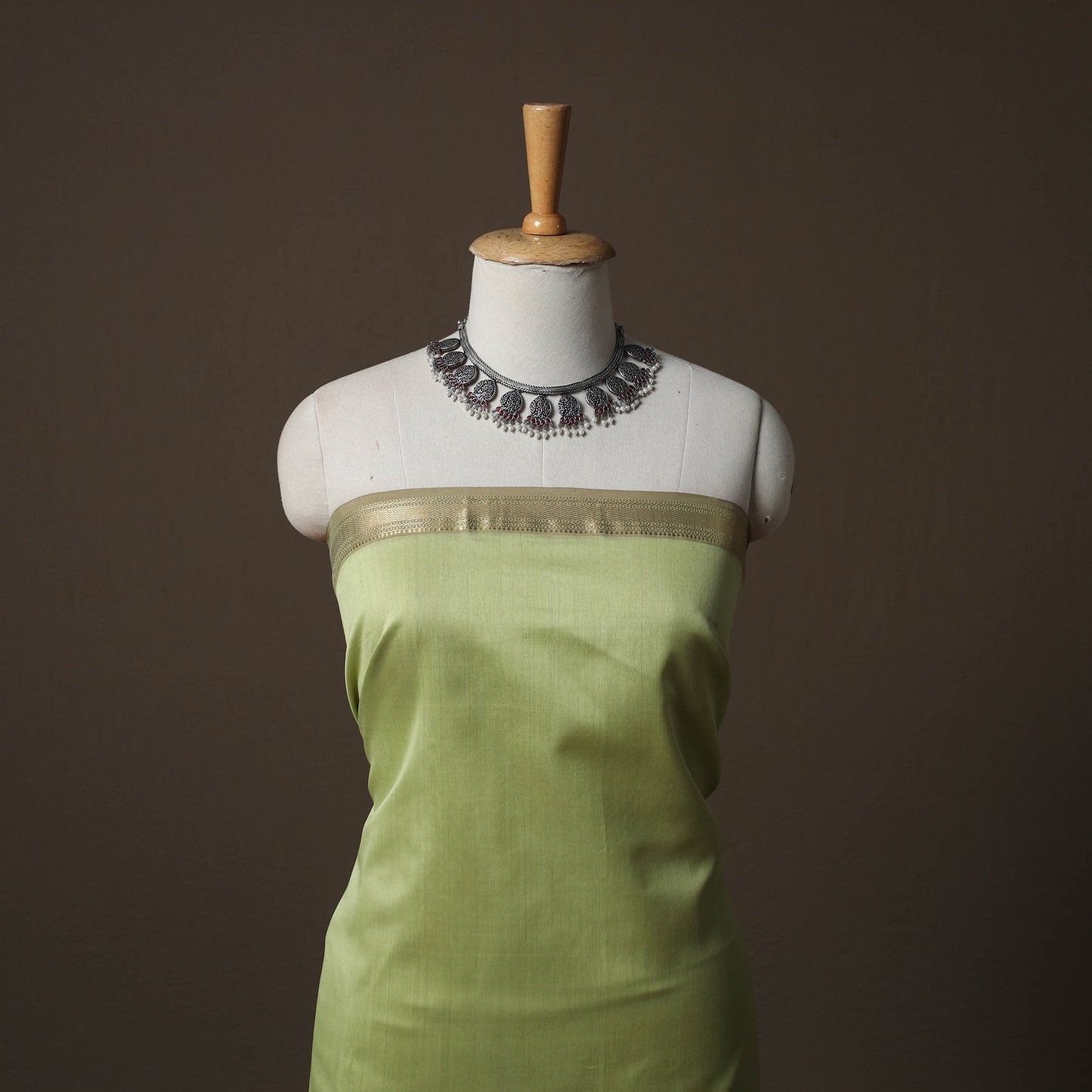 Green - 2pc Handloom Maheshwari Silk Unstitched Dress Material Kurta Set with Zari Border 19