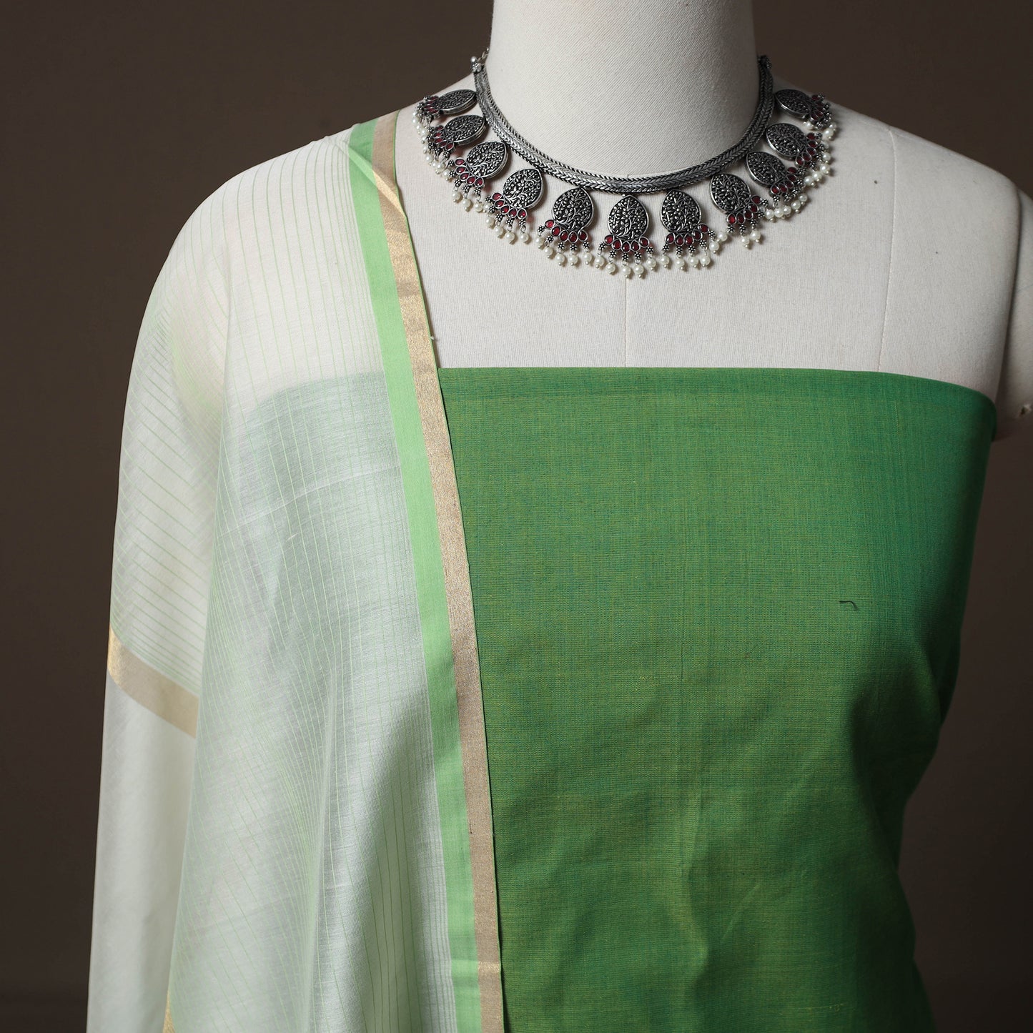 Green - 2pc Handloom Maheshwari Silk Unstitched Dress Material Kurta Set 24