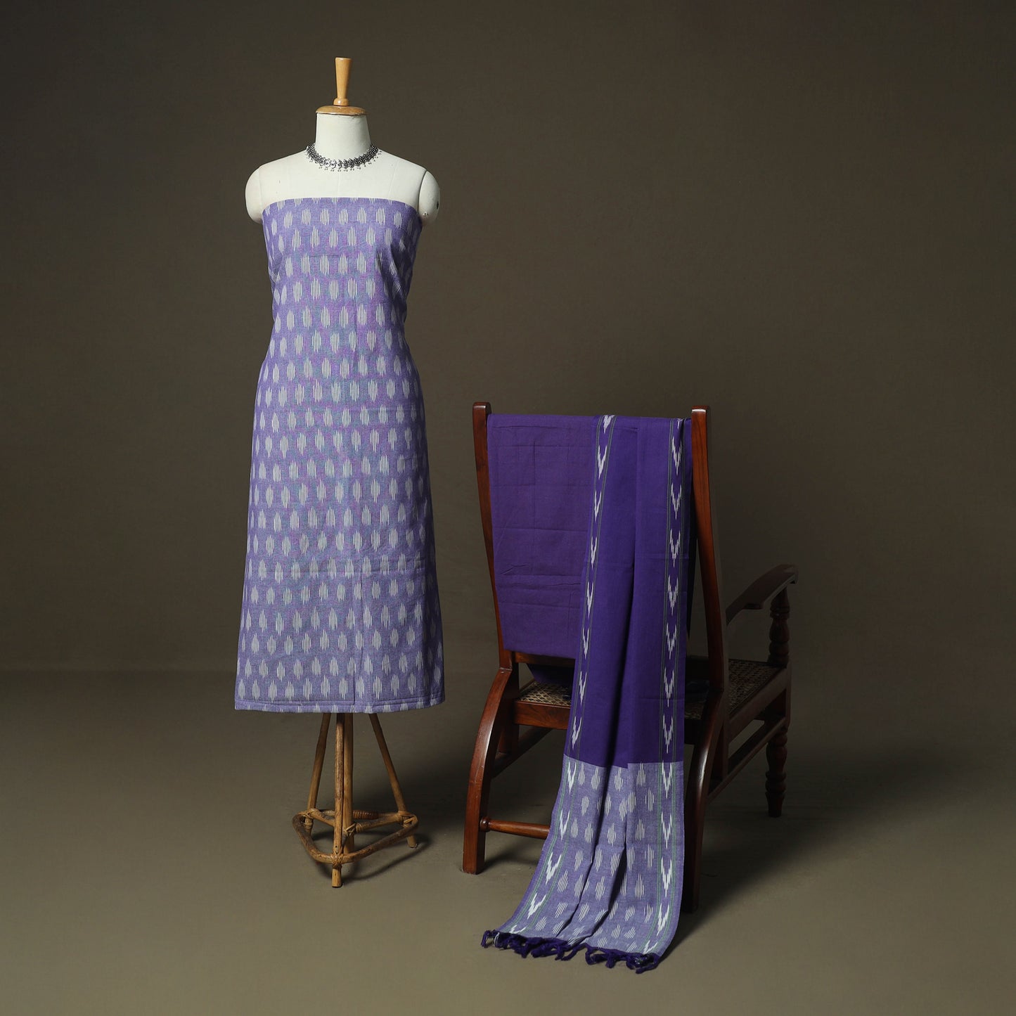 Purple - Pochampally Ikat Weave 3pc Cotton Unstitched Dress Material Suit Set 36
