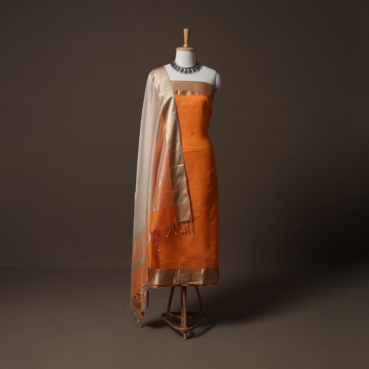 Orange - 2pc Handloom Maheshwari Silk Unstitched Dress Material Kurta Set with Resham Zari Border 30