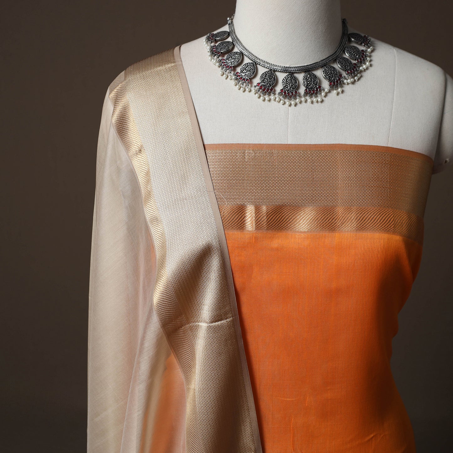 Orange - 2pc Handloom Maheshwari Silk Unstitched Dress Material Kurta Set with Resham Zari Border 30