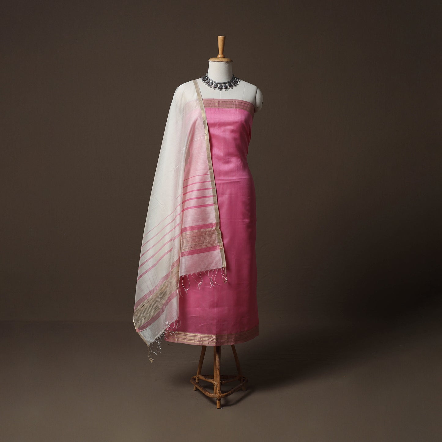 Pink - 2pc Handloom Maheshwari Silk Unstitched Dress Material Kurta Set with Zari Border 31