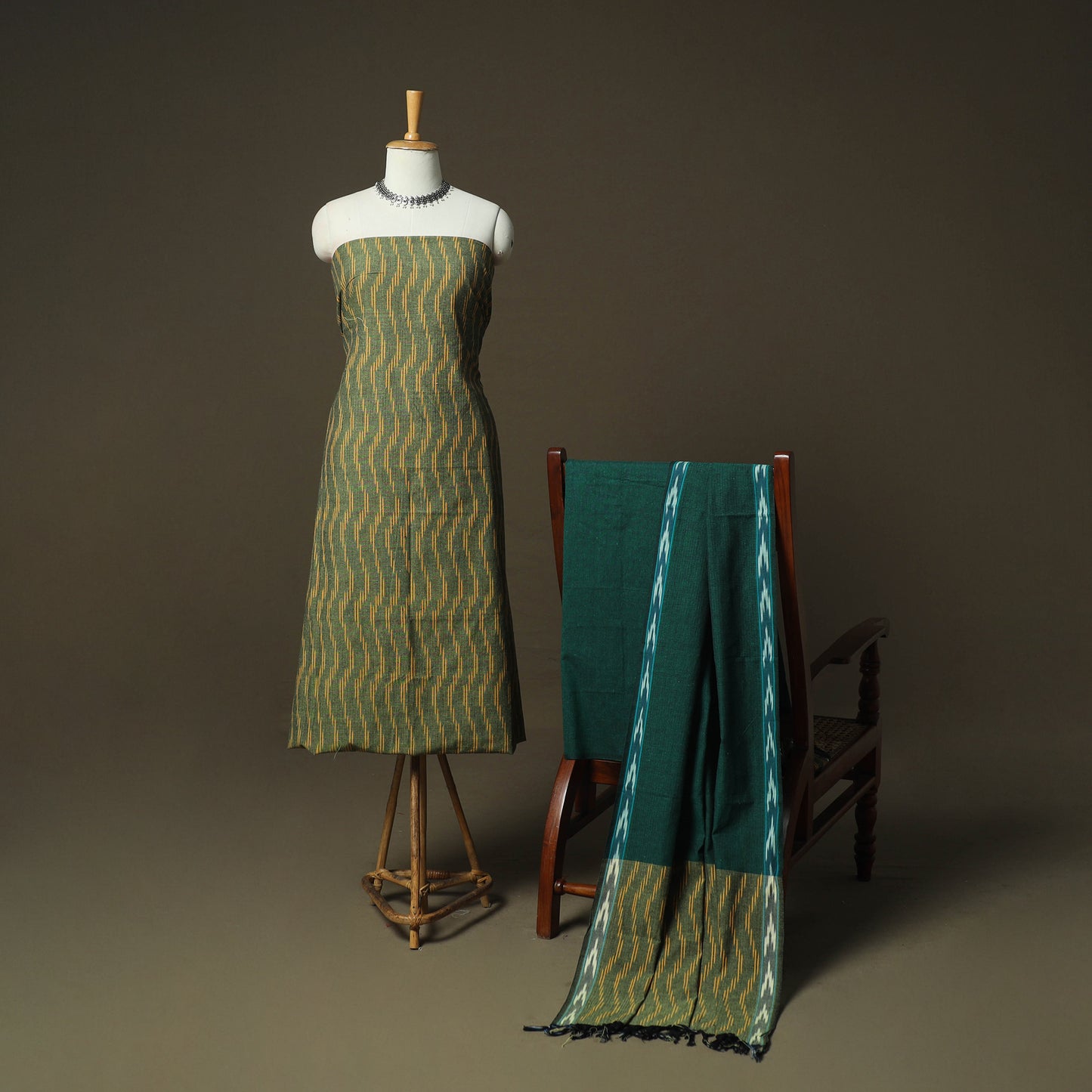 Green - Pochampally Ikat Weave 3pc Cotton Unstitched Dress Material Suit Set 39