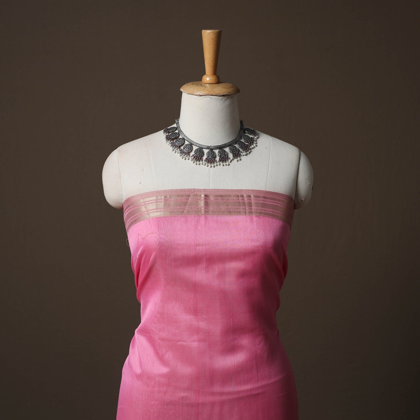 Pink - 2pc Handloom Maheshwari Silk Unstitched Dress Material Kurta Set with Zari Border 31