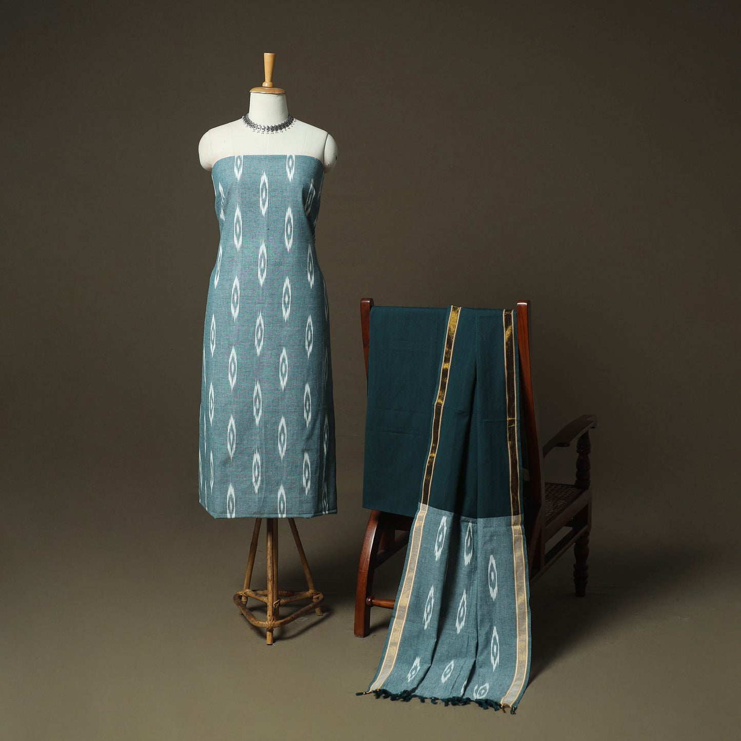 Green - Pochampally Ikat Weave 3pc Cotton Unstitched Dress Material Suit Set 40