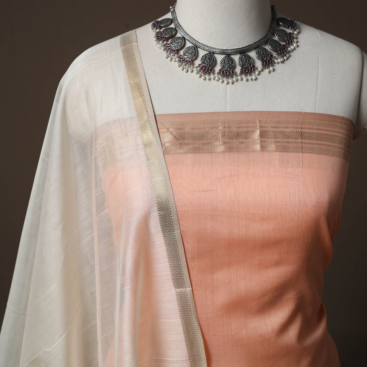 Peach - 2pc Handloom Maheshwari Silk Unstitched Dress Material Kurta Set with Zari Border 32