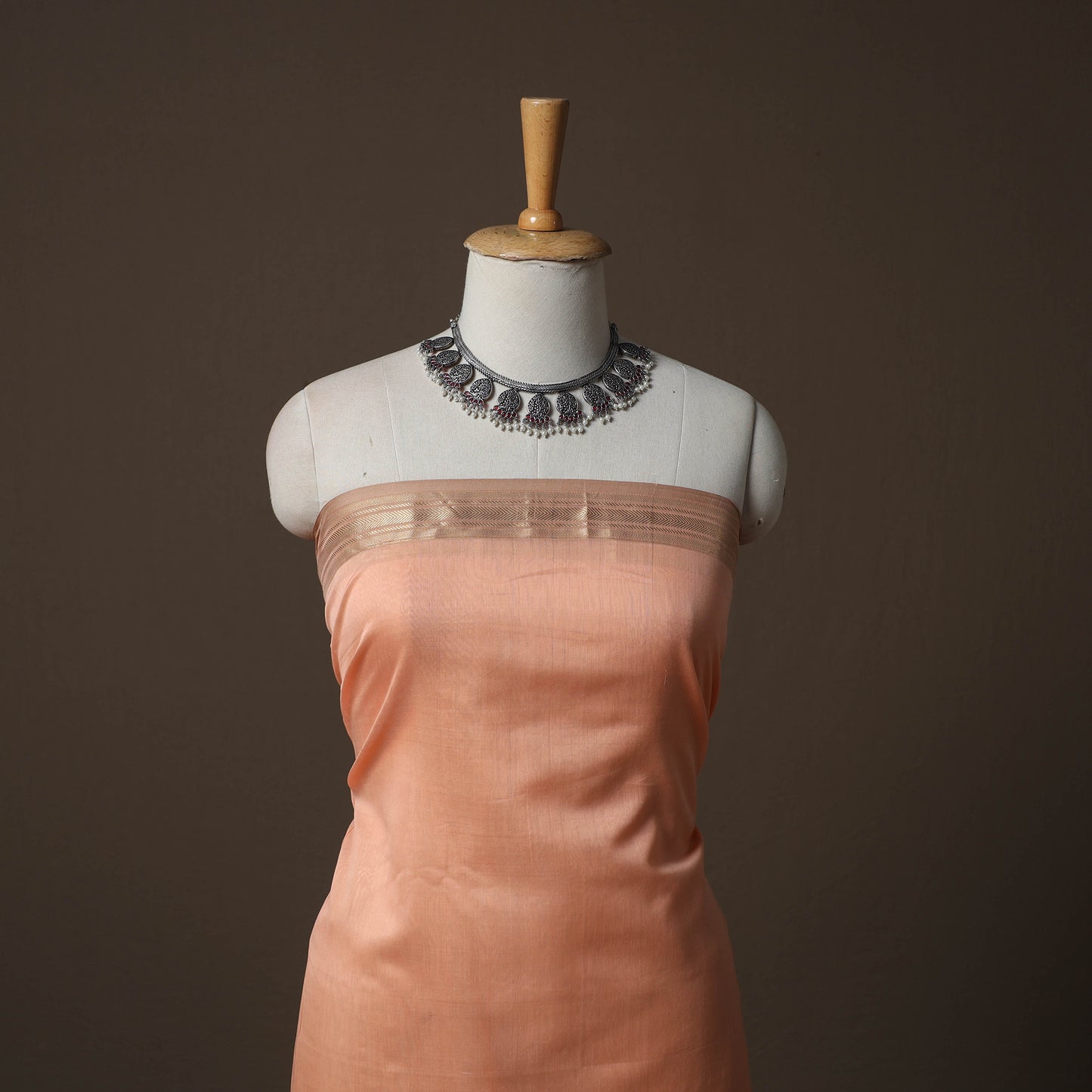 Peach - 2pc Handloom Maheshwari Silk Unstitched Dress Material Kurta Set with Zari Border 32
