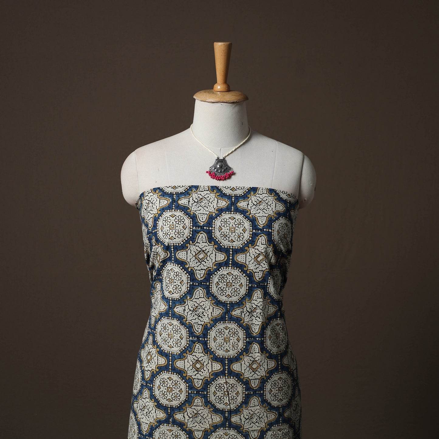 Ajrakh Hand Block Print Natural Dyed 2pc Cotton Unstitched Dress Material Kurta Set with Jewellery 04