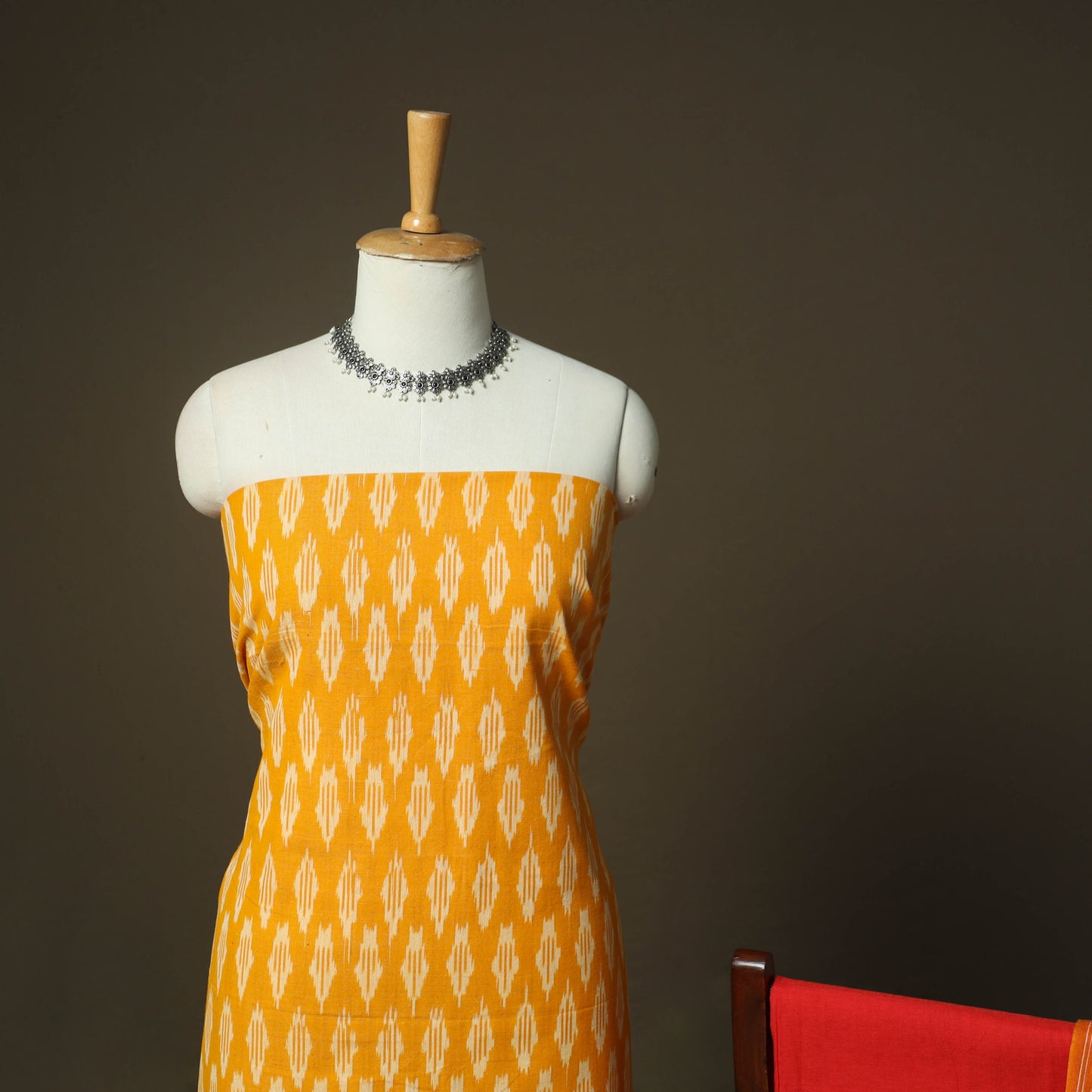 Orange - Pochampally Ikat Weave 3pc Cotton Unstitched Dress Material Suit Set 42