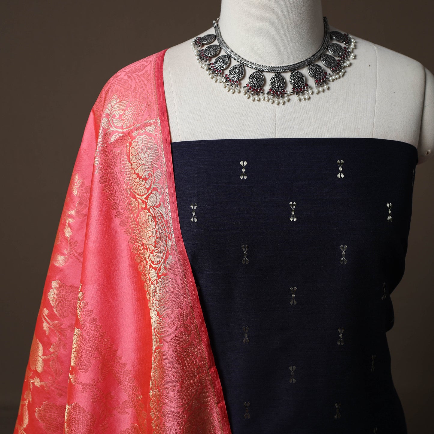 Spun Dupion Viscose Silk Buti 2pc Unstitched Dress Material Kurta Set with Earrings 47