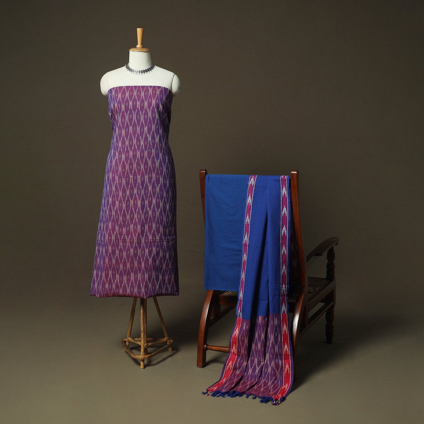 Purple - Pochampally Ikat Weave 3pc Cotton Unstitched Dress Material Suit Set 45