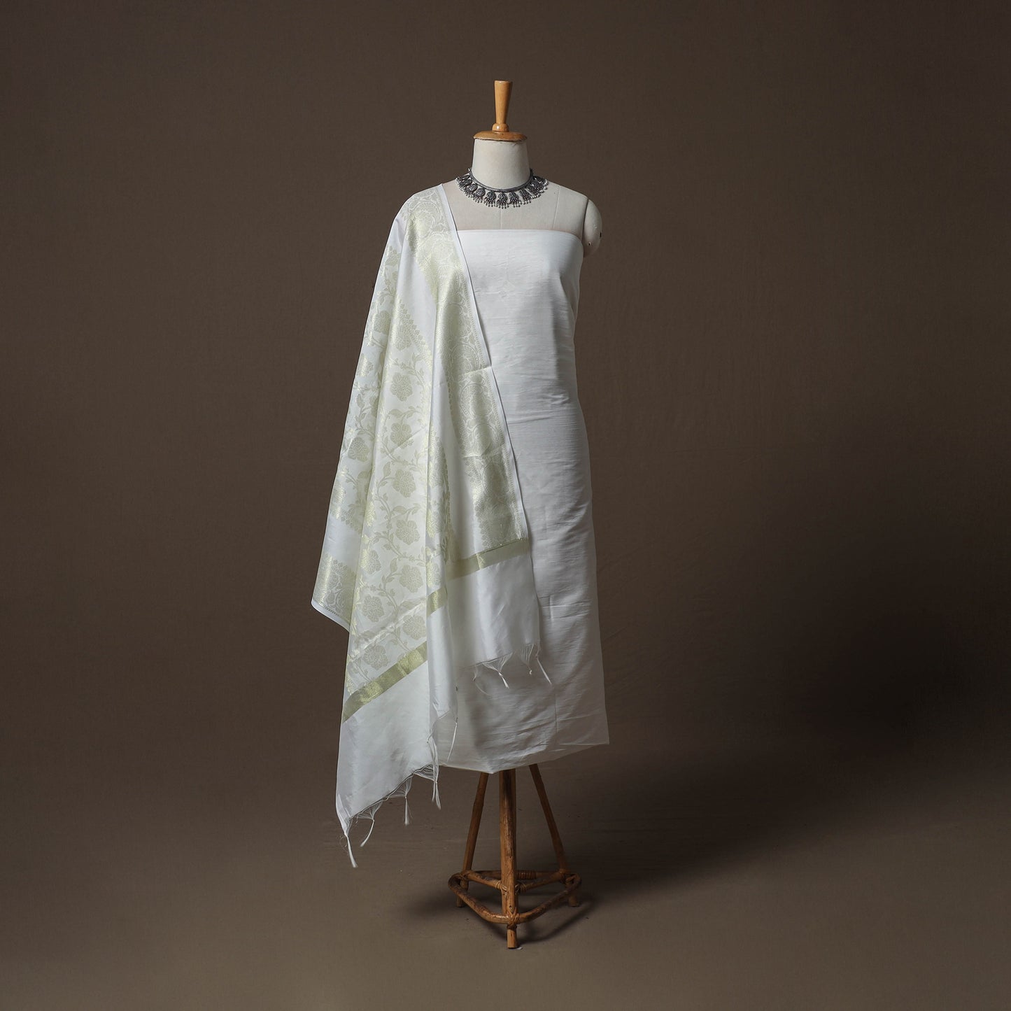 Plain Slub Silk 2pc Unstitched Dress Material Kurta Set with Earrings 44