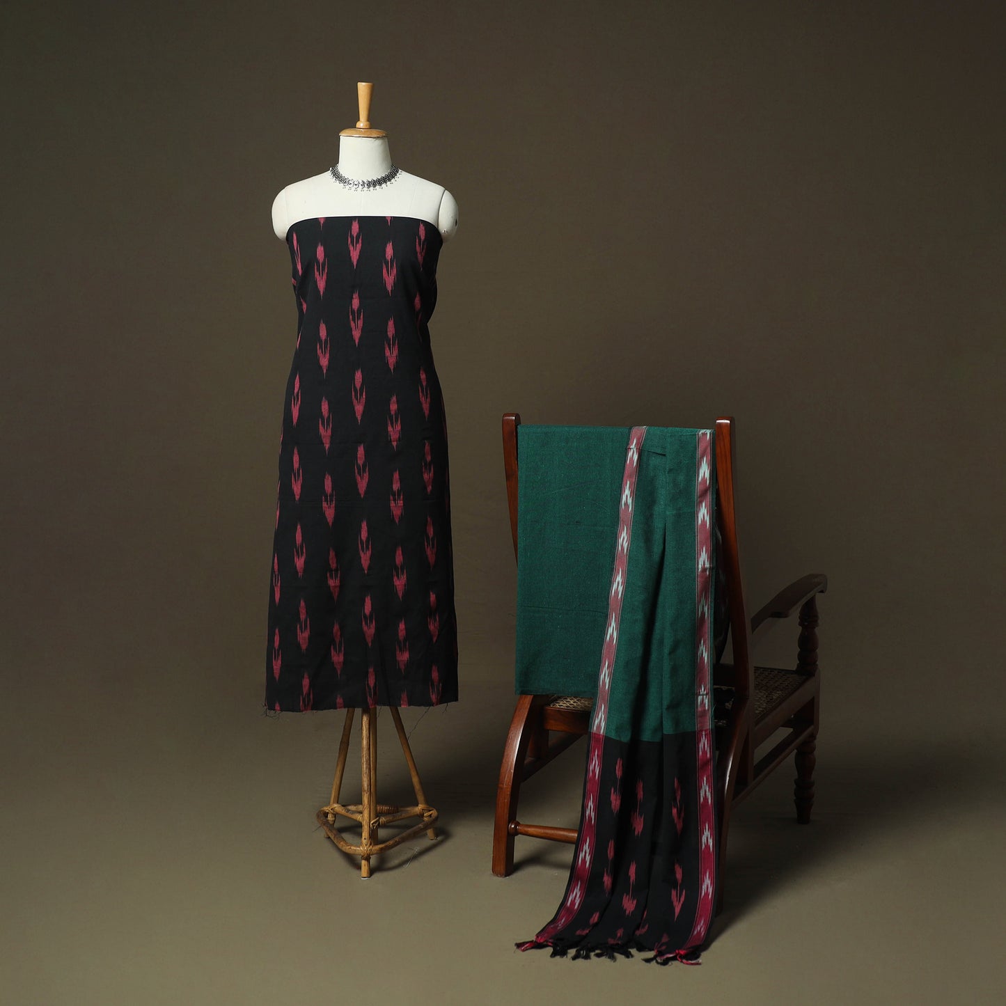 Black - Pochampally Ikat Weave 3pc Cotton Unstitched Dress Material Suit Set 46