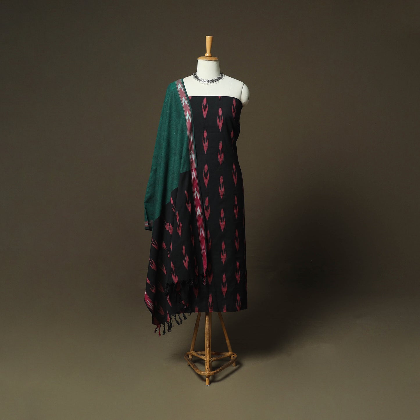 Black - Pochampally Ikat Weave 3pc Cotton Unstitched Dress Material Suit Set 46