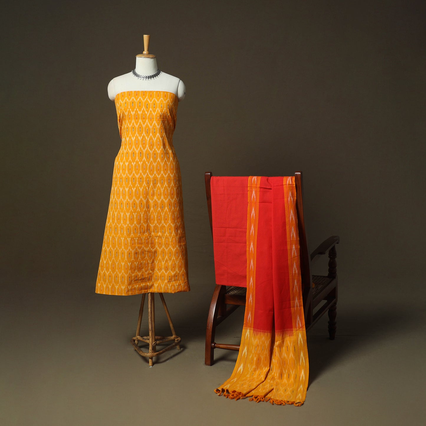 Orange - Pochampally Ikat Weave 3pc Cotton Unstitched Dress Material Suit Set 47