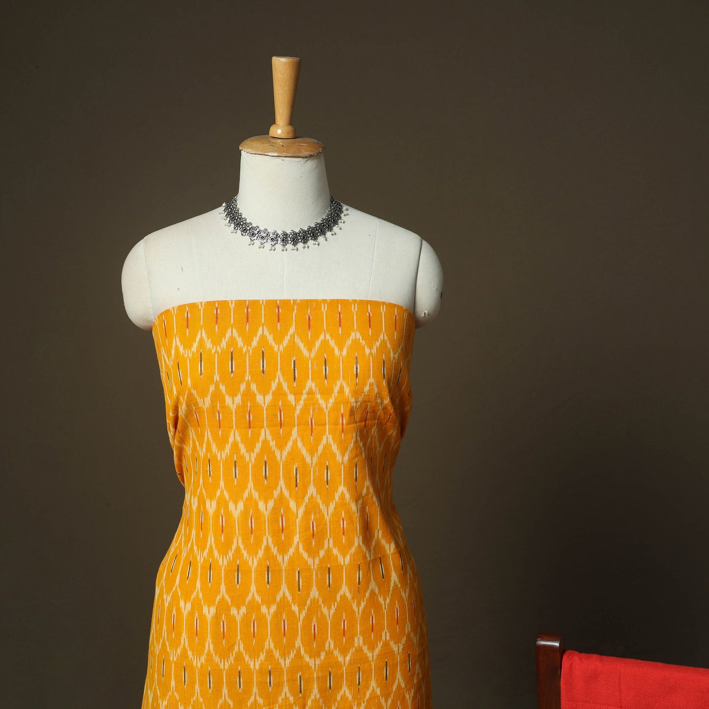 Orange - Pochampally Ikat Weave 3pc Cotton Unstitched Dress Material Suit Set 47