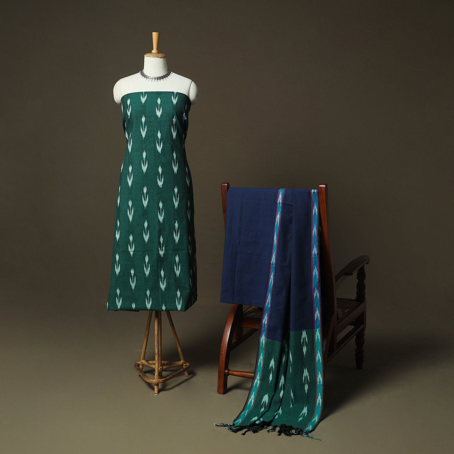 Green - Pochampally Ikat Weave 3pc Cotton Unstitched Dress Material Suit Set 49
