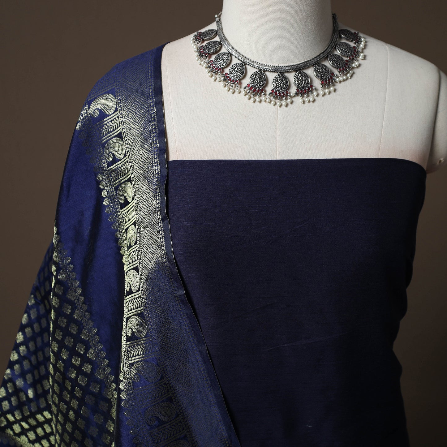 Plain Slub Silk 2pc Unstitched Dress Material Kurta Set with Earrings 37