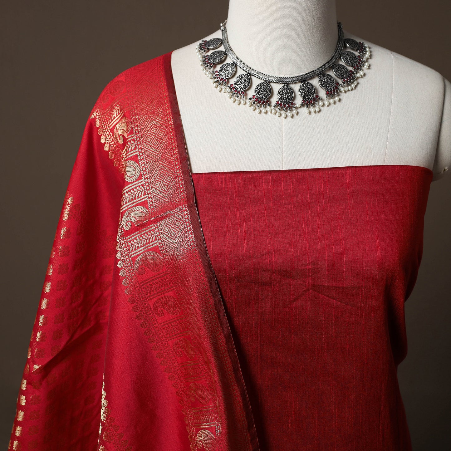 Plain Slub Silk 2pc Unstitched Dress Material Kurta Set with Earrings 35