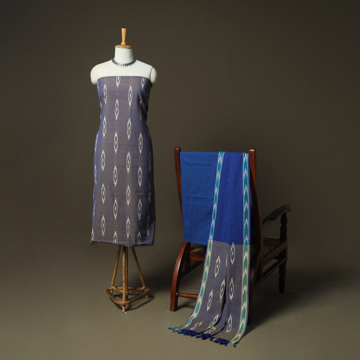 Grey - Pochampally Ikat Weave 3pc Cotton Unstitched Dress Material Suit Set 55