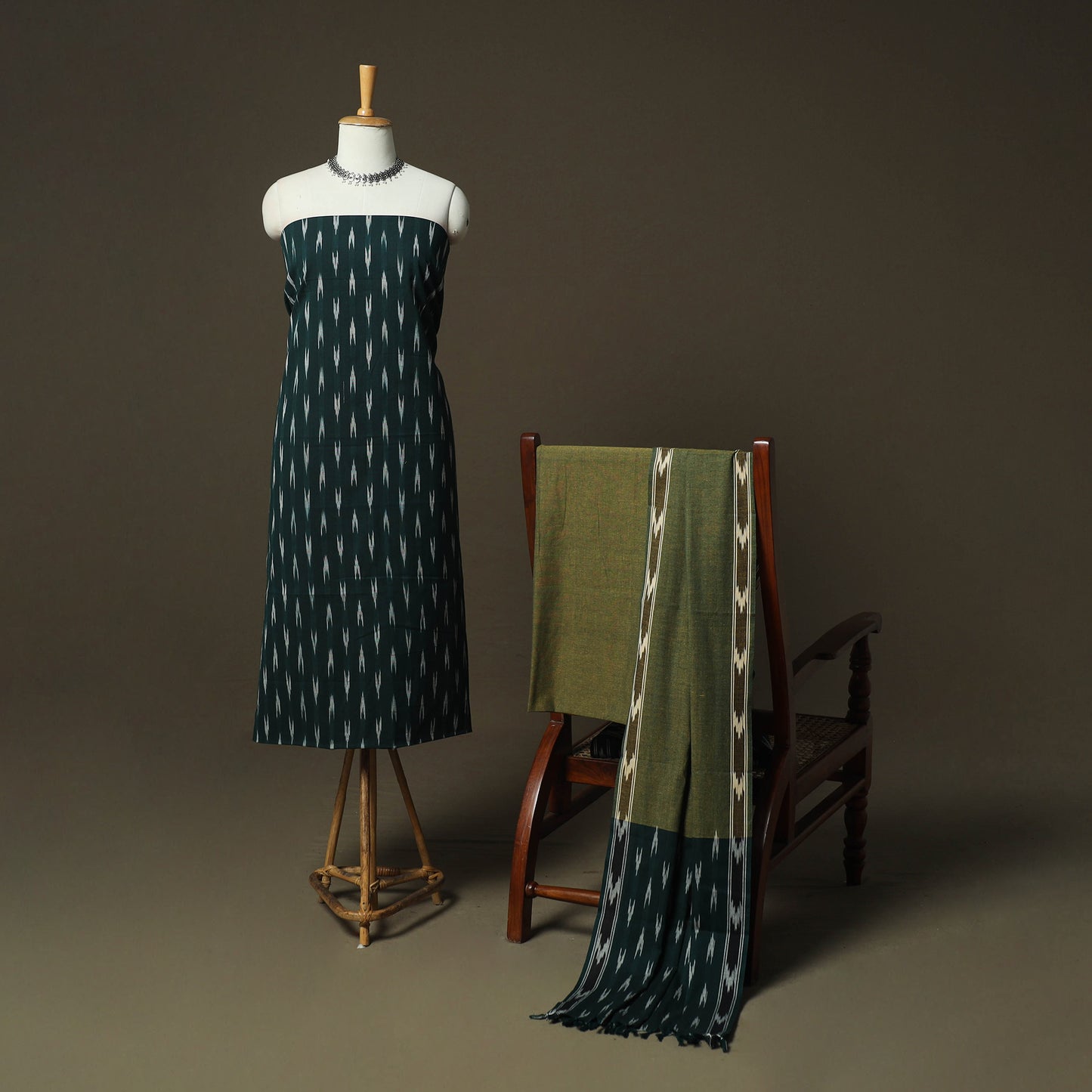 Green - Pochampally Ikat Weave 3pc Cotton Unstitched Dress Material Suit Set 56