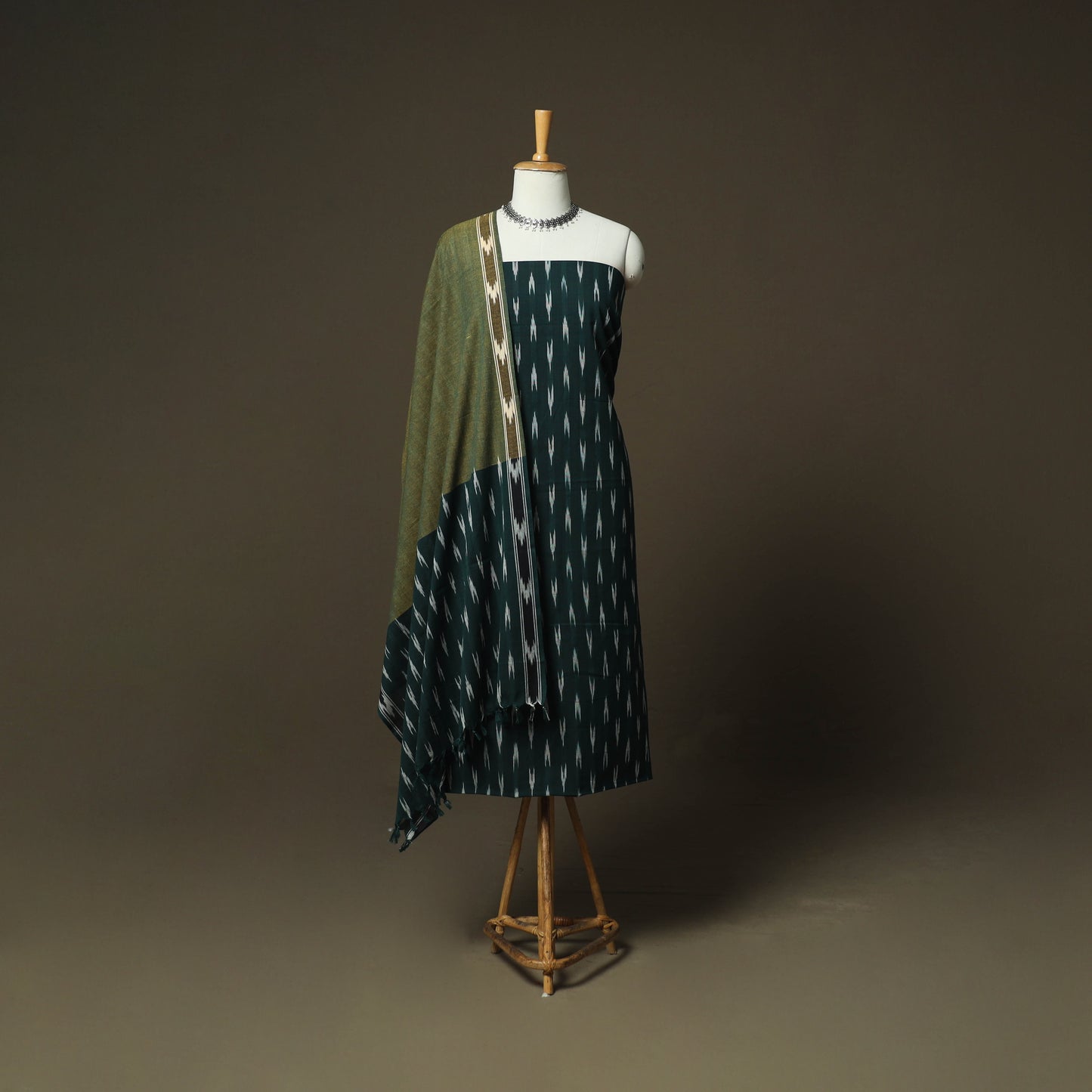 Green - Pochampally Ikat Weave 3pc Cotton Unstitched Dress Material Suit Set 56
