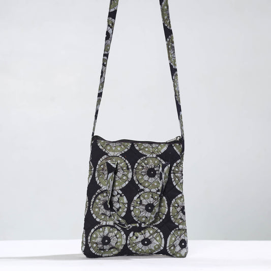 Black - Hand Batik Printed Quilted Cotton Sling Bag 23