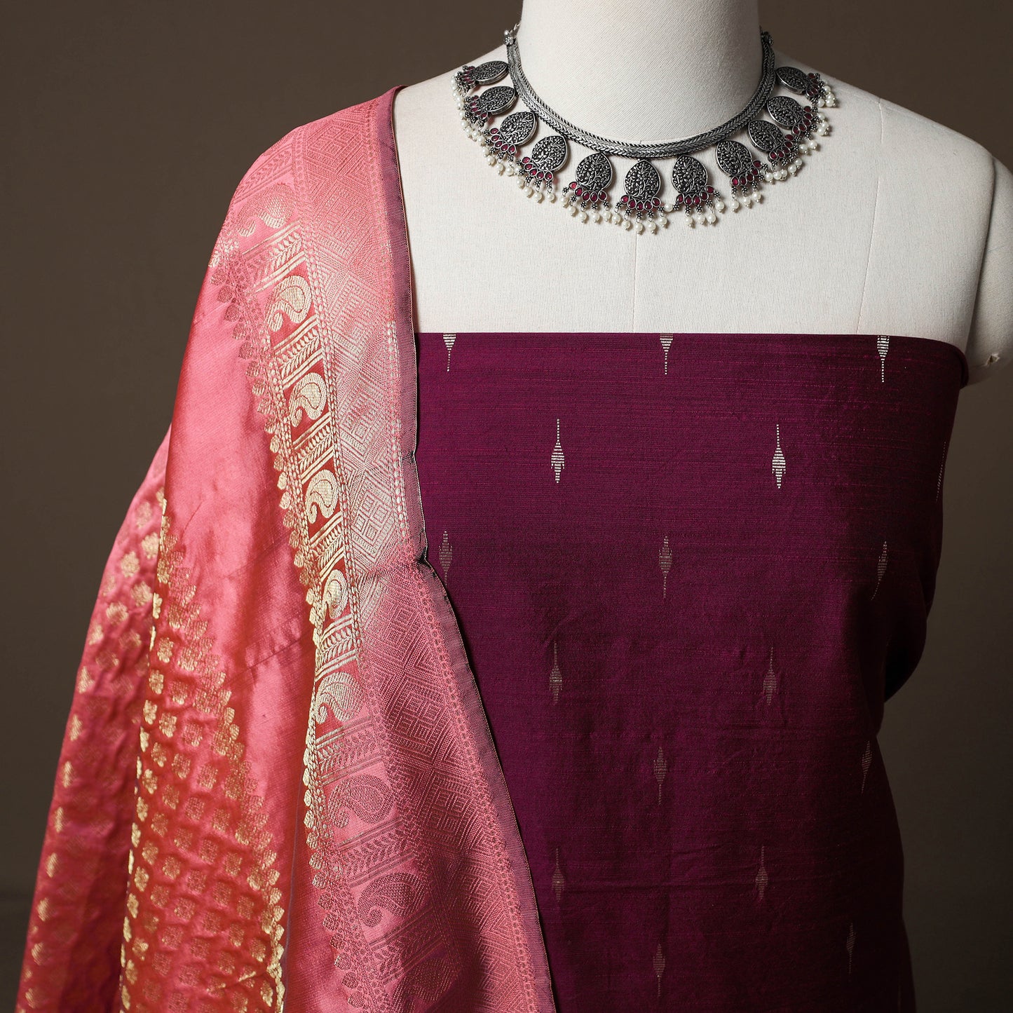Spun Dupion Viscose Silk Buti 2pc Unstitched Dress Material Kurta Set with Earrings 32