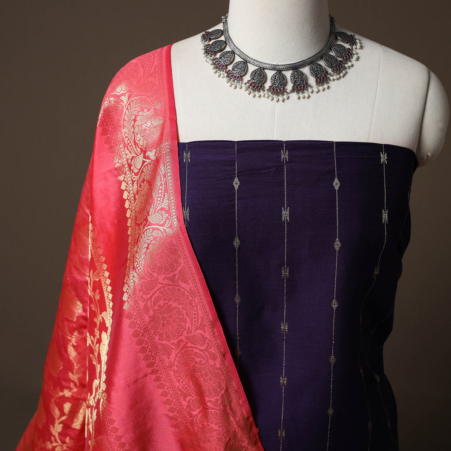 Spun Dupion Viscose Silk Buti 2pc Unstitched Dress Material Kurta Set with Earrings 31