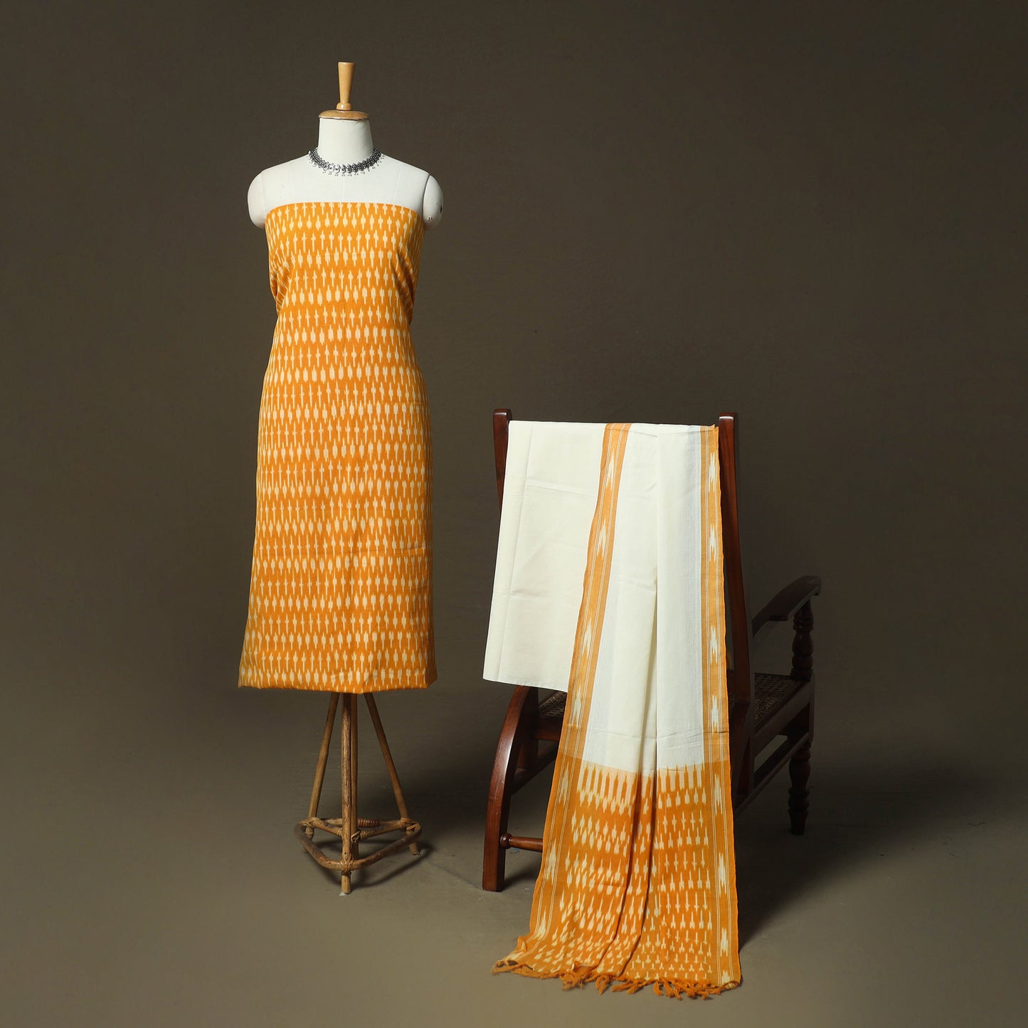 Orange - Pochampally Ikat Weave 3pc Cotton Unstitched Dress Material Suit Set 59