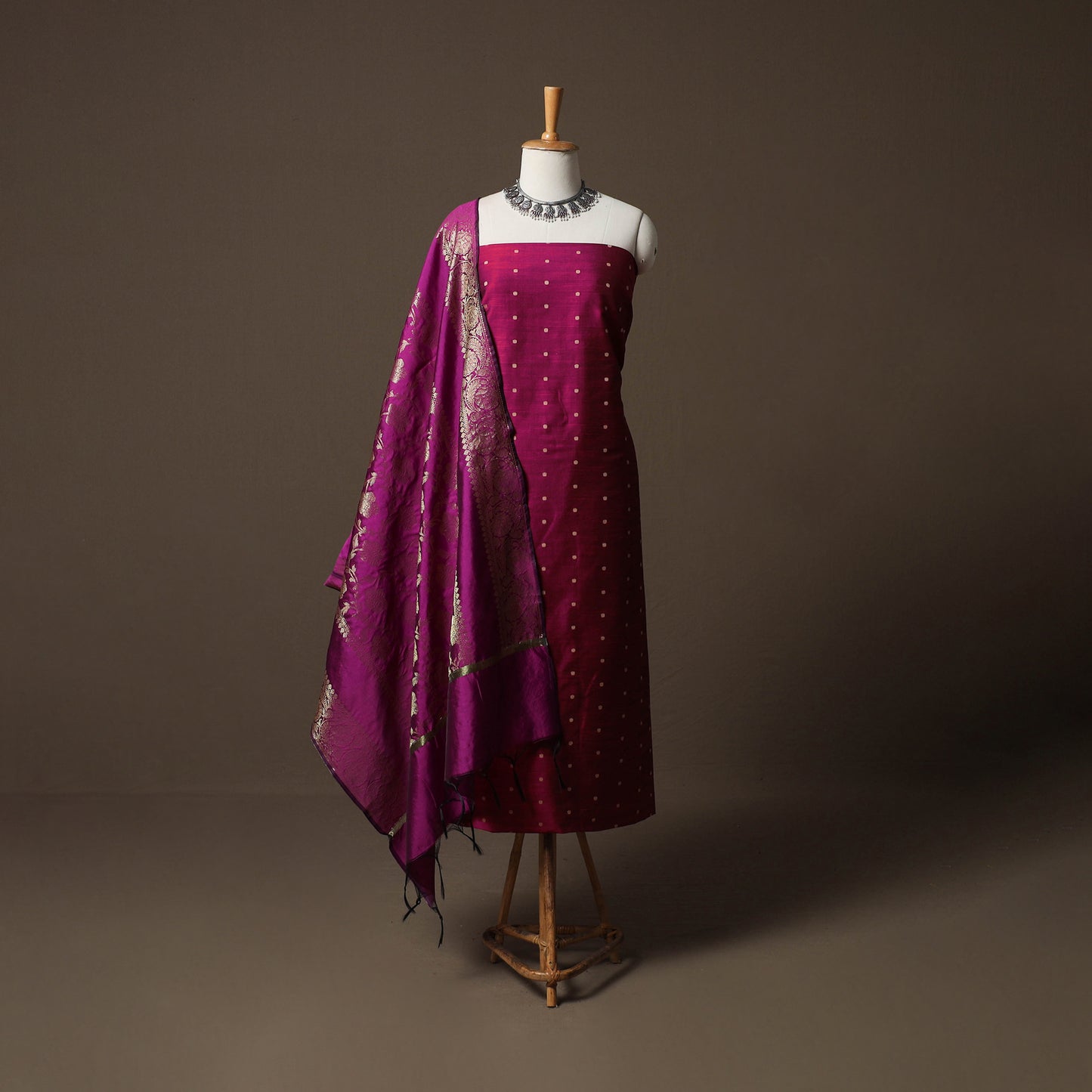 Spun Dupion Viscose Silk Buti 2pc Unstitched Dress Material Kurta Set with Earrings 30