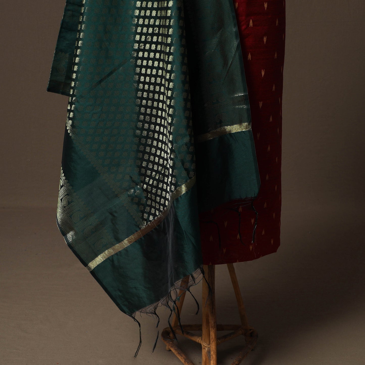 Spun Dupion Viscose Silk Buti 2pc Unstitched Dress Material Kurta Set with Earrings 26