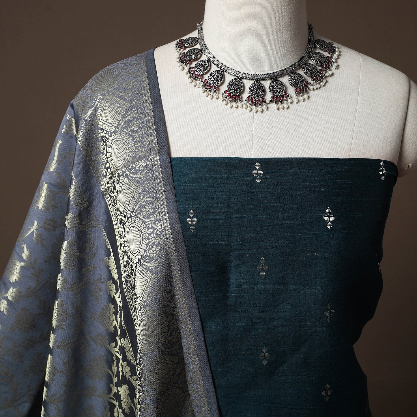 Spun Dupion Viscose Silk Buti 2pc Unstitched Dress Material Kurta Set with Earrings 23