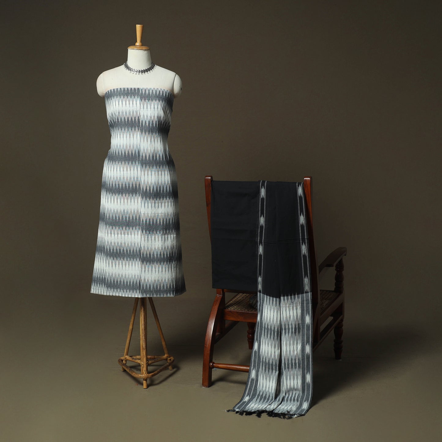 Grey - Pochampally Ikat Weave 3pc Cotton Unstitched Dress Material Suit Set 70