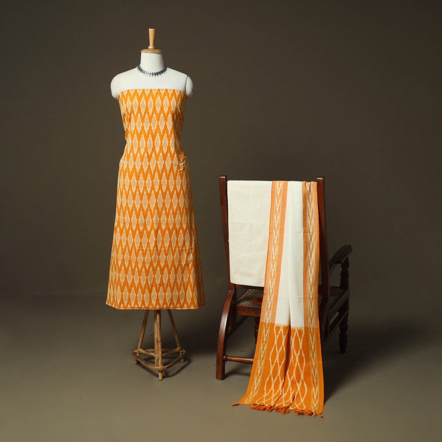 Orange - Pochampally Ikat Weave 3pc Cotton Unstitched Dress Material Suit Set 73