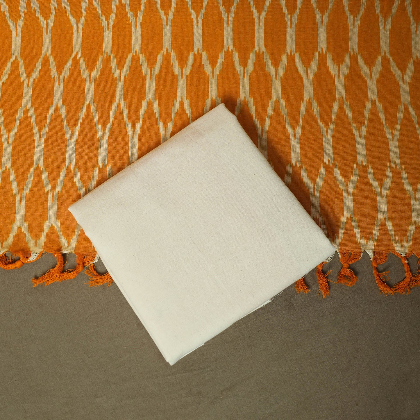 Orange - Pochampally Ikat Weave 3pc Cotton Unstitched Dress Material Suit Set 73