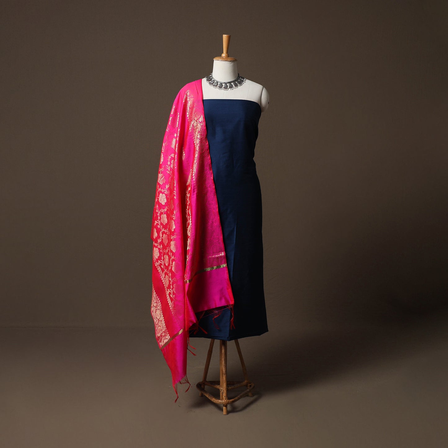 Plain Slub Silk 2pc Unstitched Dress Material Kurta Set with Earrings 15