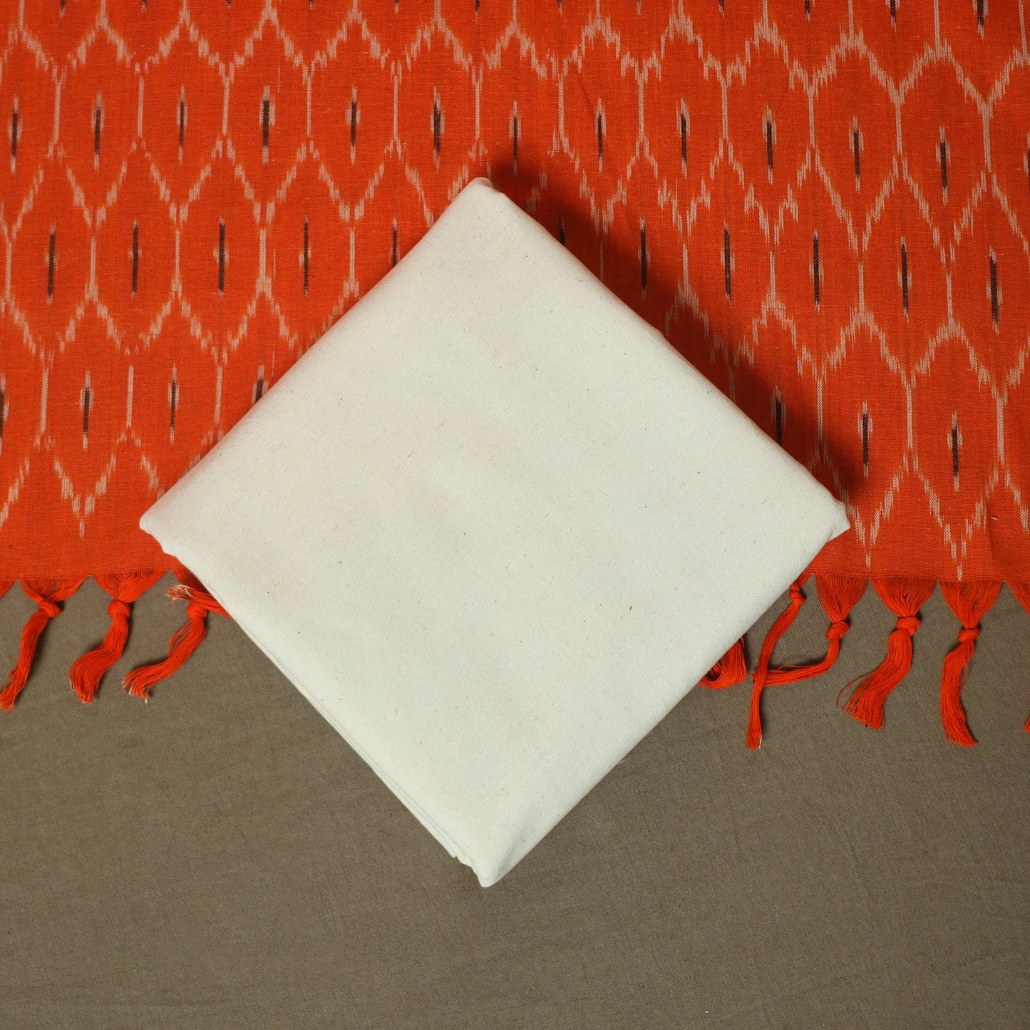 Orange - Pochampally Ikat Weave 3pc Cotton Unstitched Dress Material Suit Set 74