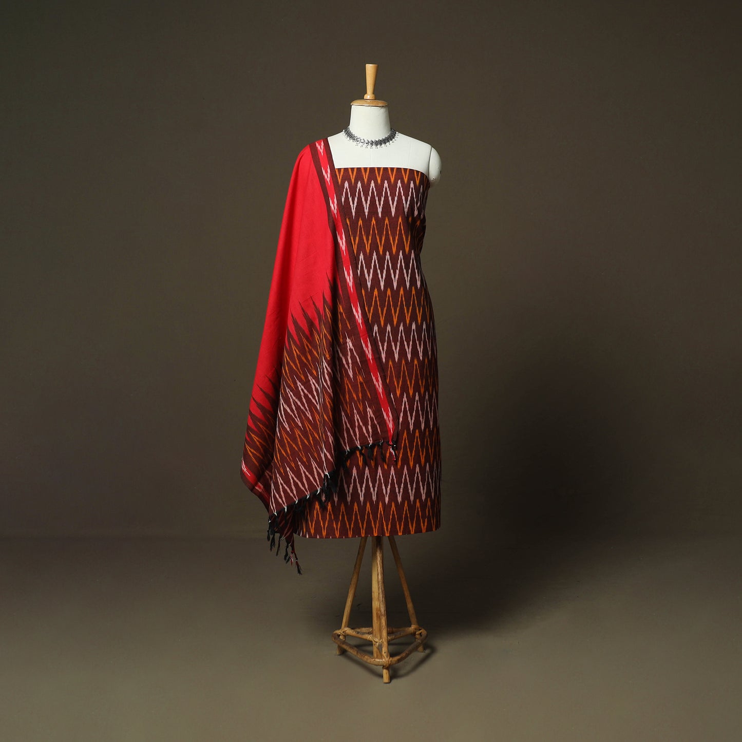 Maroon - Pochampally Ikat Weave 3pc Cotton Unstitched Dress Material Suit Set 75