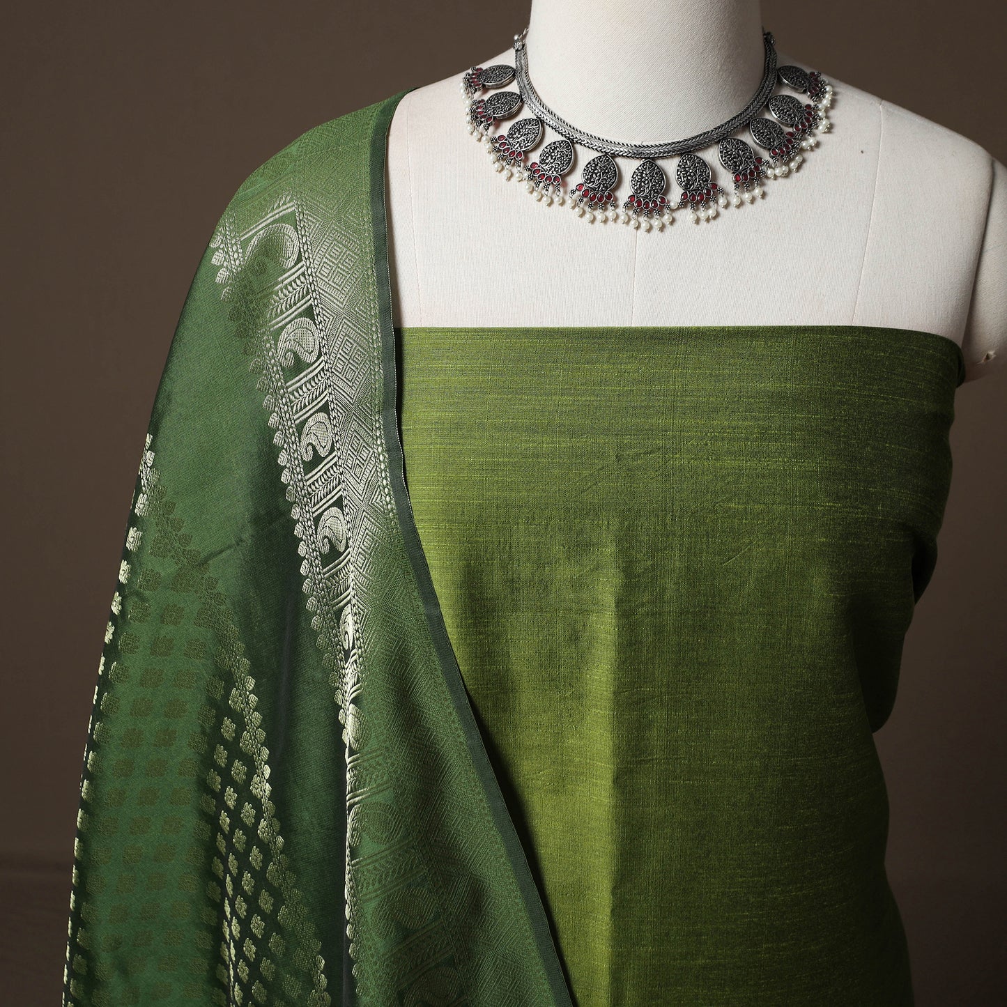 Plain Slub Silk 2pc Unstitched Dress Material Kurta Set with Earrings 14