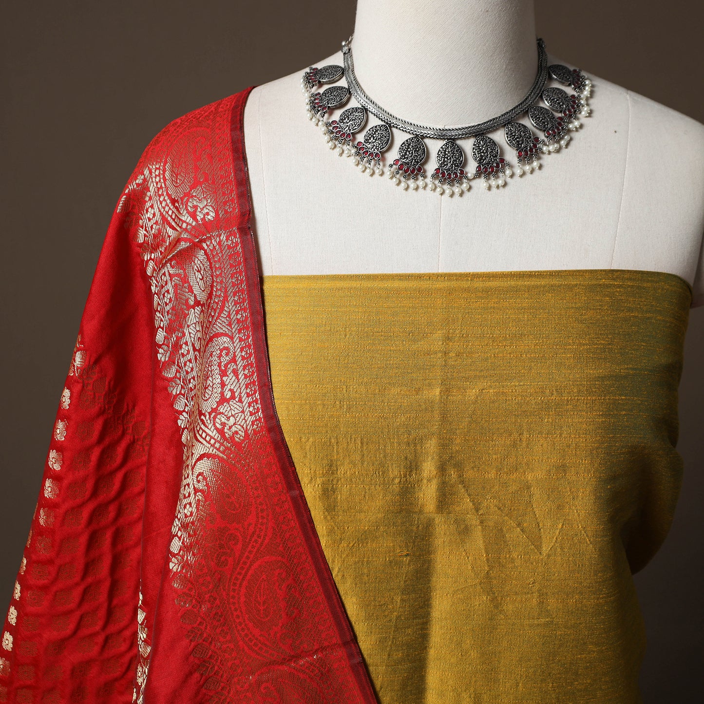 Plain Slub Silk 2pc Unstitched Dress Material Kurta Set with Earrings 13