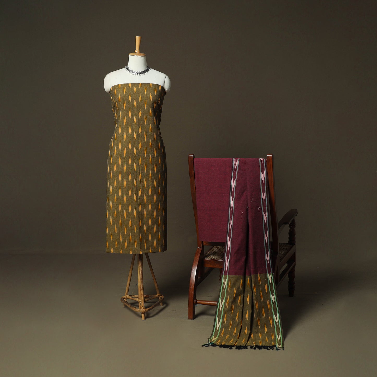Green - Pochampally Ikat Weave 3pc Cotton Unstitched Dress Material Suit Set 77