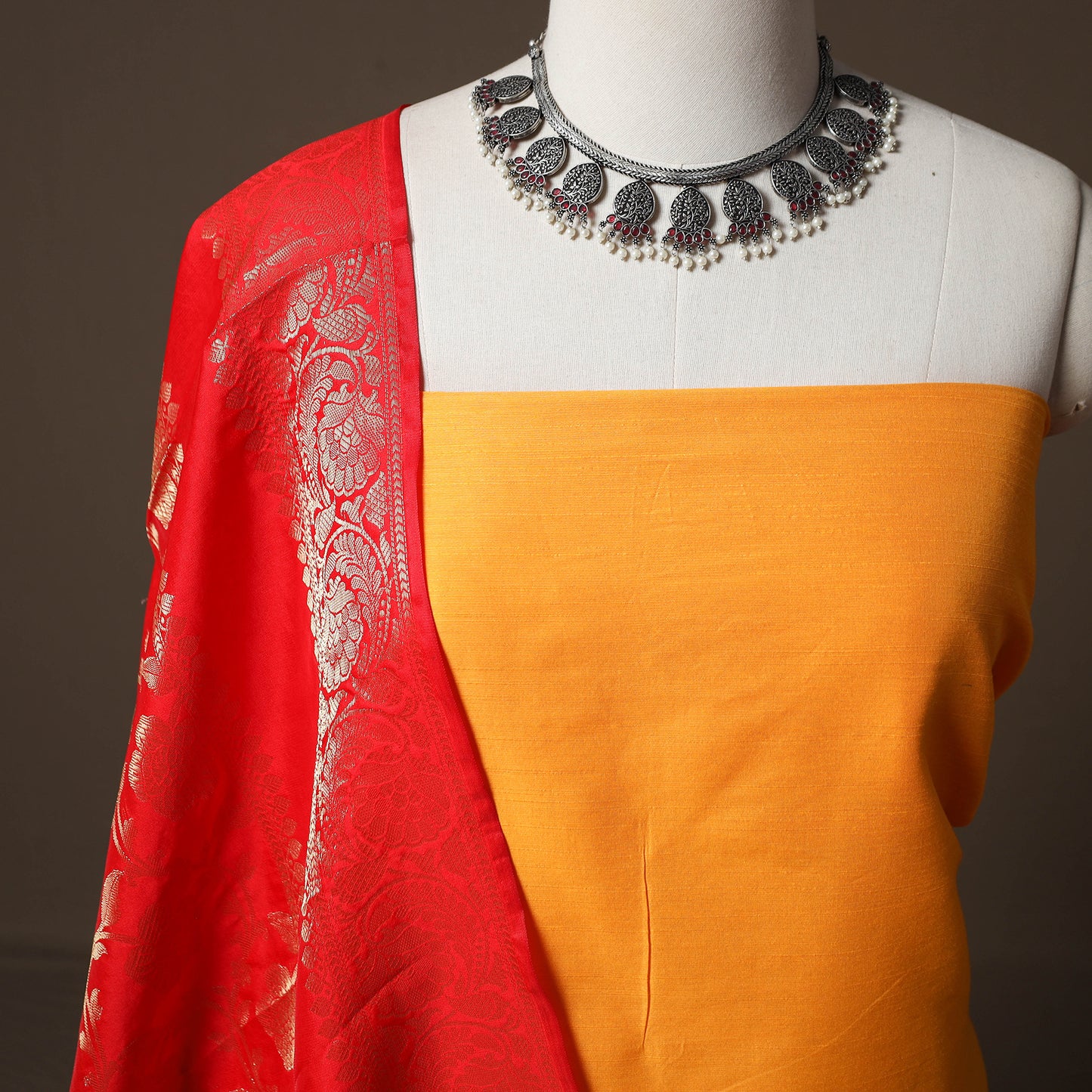 Plain Slub Silk 2pc Unstitched Dress Material Kurta Set with Earrings 11